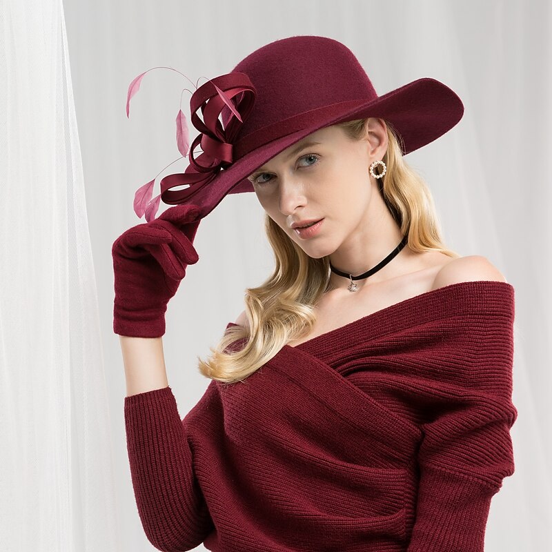 100% Wool Kentucky Derby Hat / Hats with Feather / Satin Bowknot 1PC Casual / Daily Wear / Melbourne Cup Headpiece2