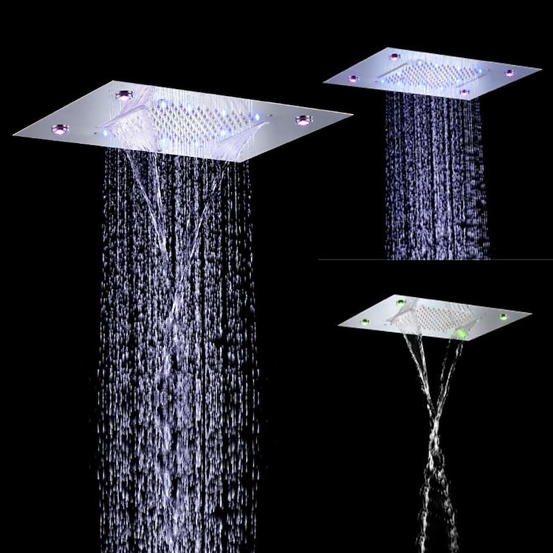 500*360 Chrome/3- Color LED Bathroom Faucets Rain Mixer Complete with Stainless Steel Rainfall Shower Head Ceiling Mounted Color Change By Water Temperature, Hydor Power, No Battery Needed3
