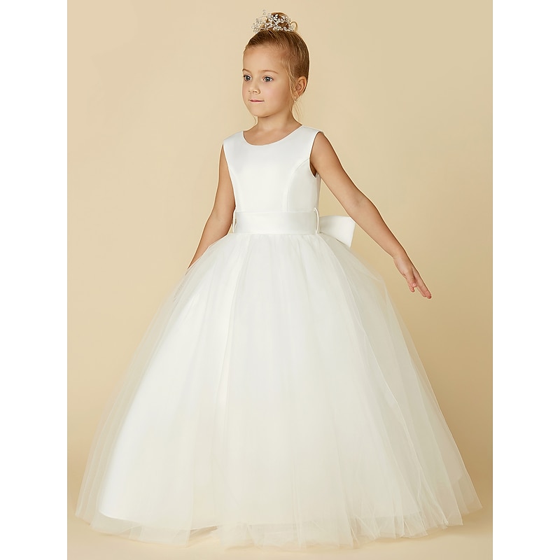 A-Line Floor Length Flower Girl Dress First Communion Girls Cute Prom Dress Satin with Sash / Ribbon Elegant Fit 3-16 Years dress to impress4