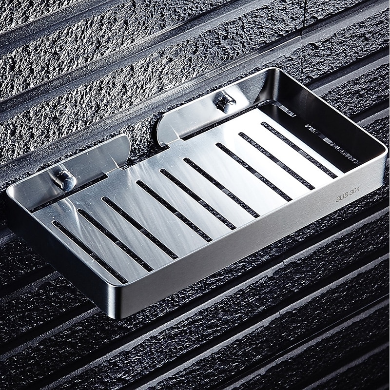 Soap Dishes Holders Hollow Modern Stainless Steel Bathroom Single Shelf Wall Mounted Silvery 1pc4