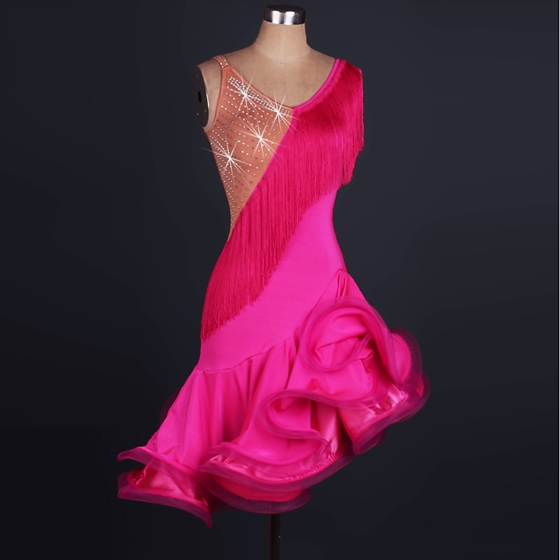 Dance Salsa Latin Dance Dress Fringed Tassel Crystals / Rhinestones Women's Training Performance Sleeveless High Spandex Tulle4