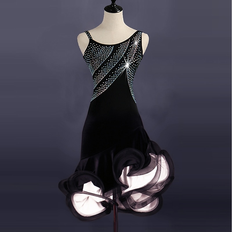 Dance Salsa Latin Dance Dress Split Joint Crystals / Rhinestones Women's Performance Sleeveless Spandex Organza / Ballroom3