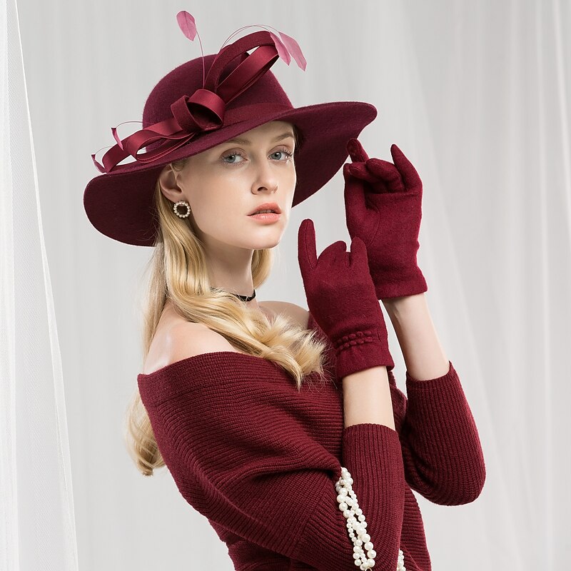 100% Wool Kentucky Derby Hat / Hats with Feather / Satin Bowknot 1PC Casual / Daily Wear / Melbourne Cup Headpiece3