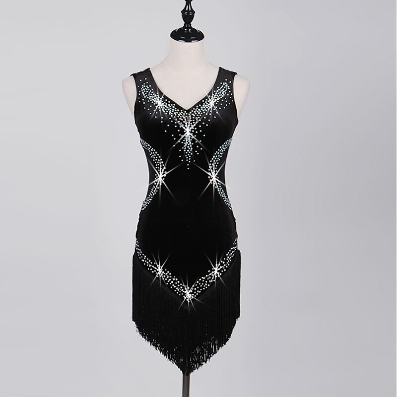 Dance Salsa Latin Dance Dress Fringed Tassel Crystals / Rhinestones Women's Training Performance Sleeveless High Pleuche4