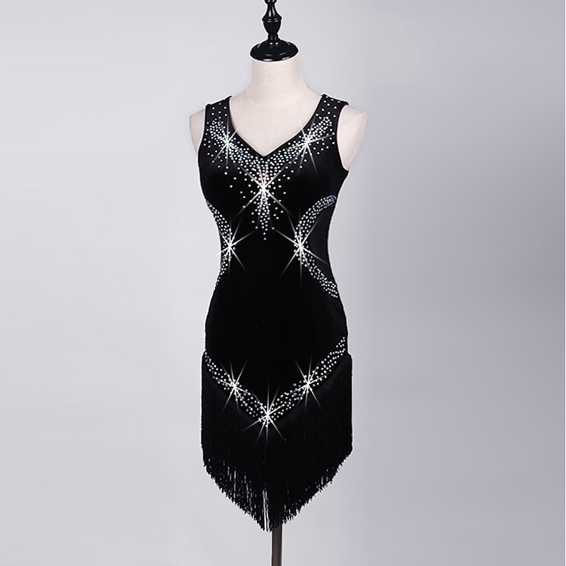 Dance Salsa Latin Dance Dress Fringed Tassel Crystals / Rhinestones Women's Training Performance Sleeveless High Pleuche2