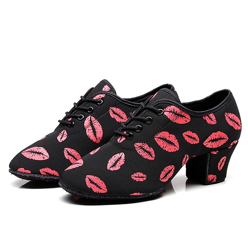 Women's Latin Shoes Practice Trainning Dance Shoes Line Dance Performance Party Practice Lace Up Pattern / Print Oxford Sneaker Pattern / Print Thick Heel Black / Red3