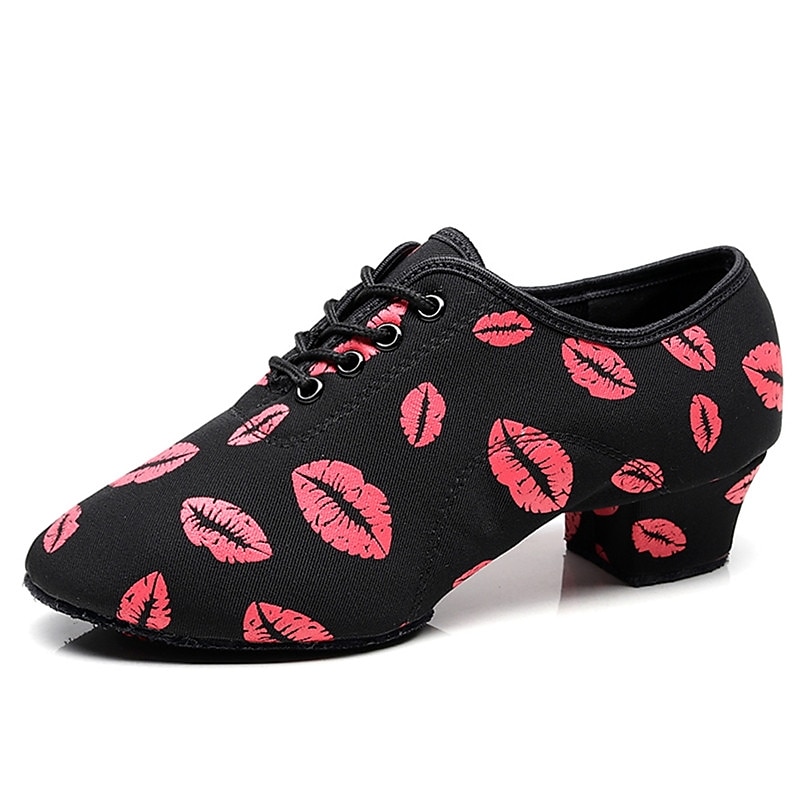 Women's Latin Shoes Practice Trainning Dance Shoes Line Dance Performance Party Practice Lace Up Pattern / Print Oxford Sneaker Pattern / Print Thick Heel Black / Red2