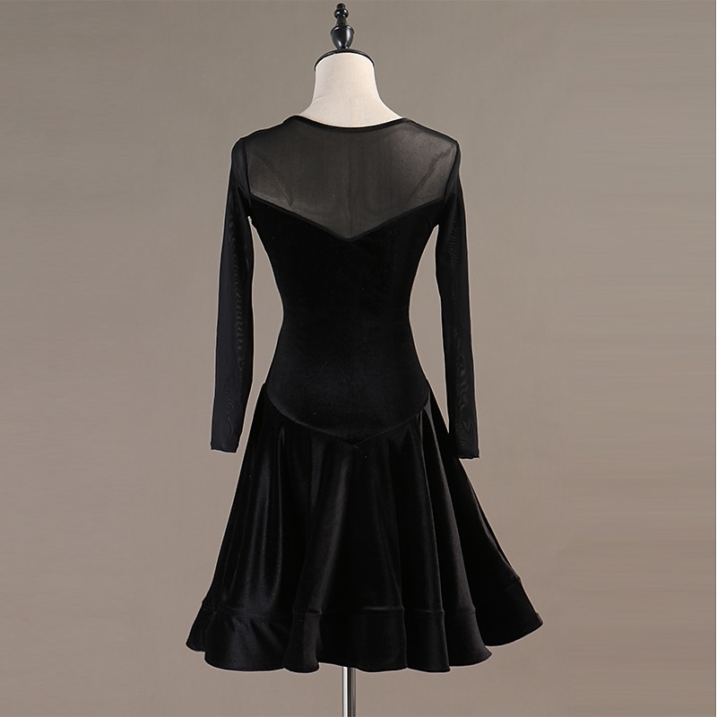 Dance Salsa Latin Dance Dress Split Joint Women's Training Performance Long Sleeve High Tulle Pleuche4