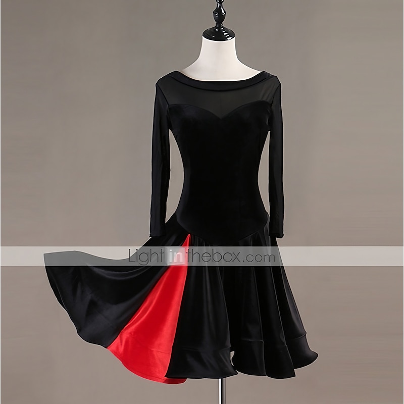 Dance Salsa Latin Dance Dress Split Joint Women's Training Performance Long Sleeve High Tulle Pleuche