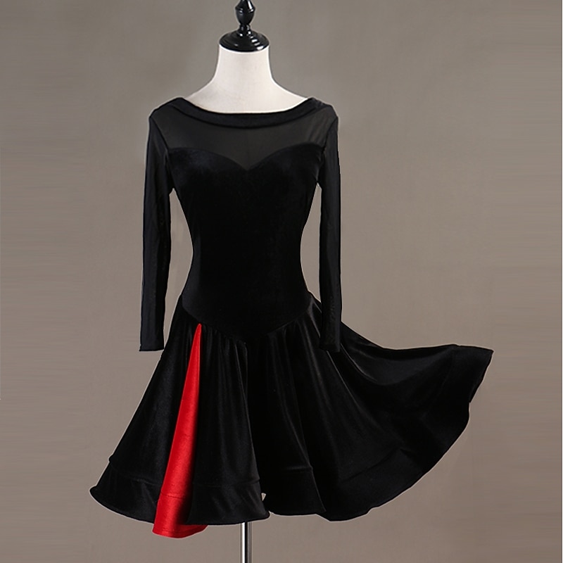 Dance Salsa Latin Dance Dress Split Joint Women's Training Performance Long Sleeve High Tulle Pleuche2