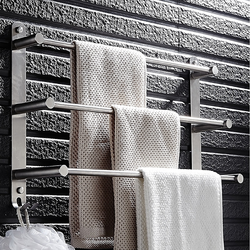 3-Tier Towel Rail with Hooks for Bathroom Wall Mounted Stainless Steel Towel Bar Brushed Nickel Towel Rack Rustproof Towel Bar 40/50/60CM(Silvery)2