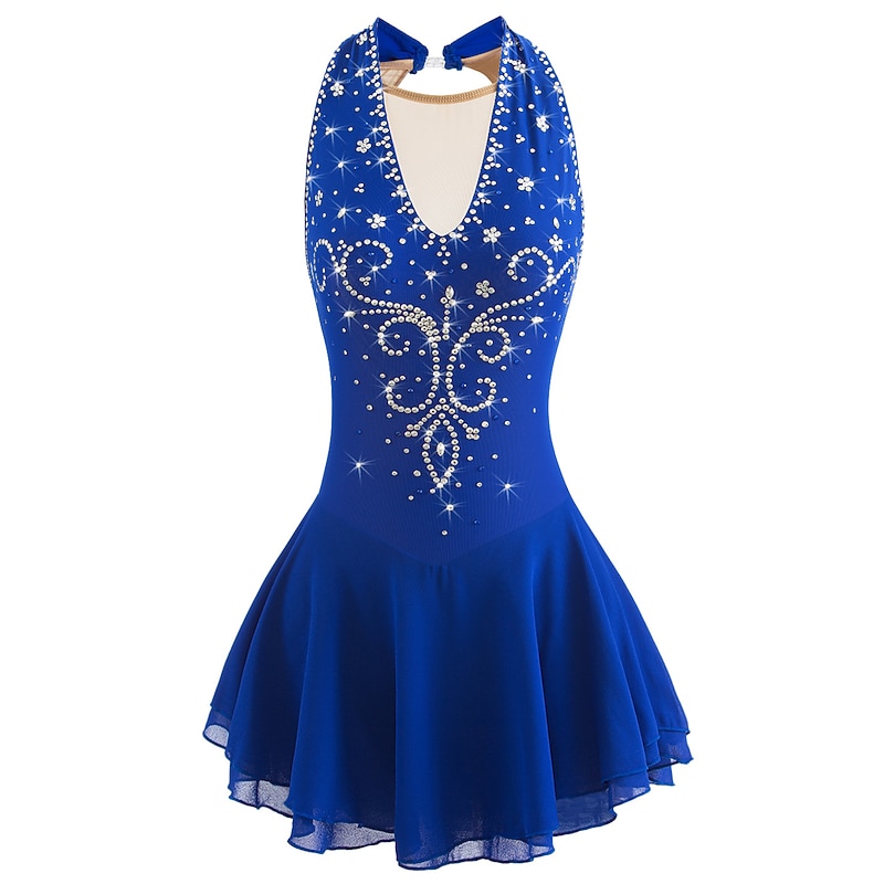 Figure Skating Dress Women's Girls' Ice Skating Dress Black White Yellow Patchwork Open Back Mesh Spandex High Elasticity Practice Competition Skating Wear Jeweled Rhinestone Sleeveless Ice Skating4