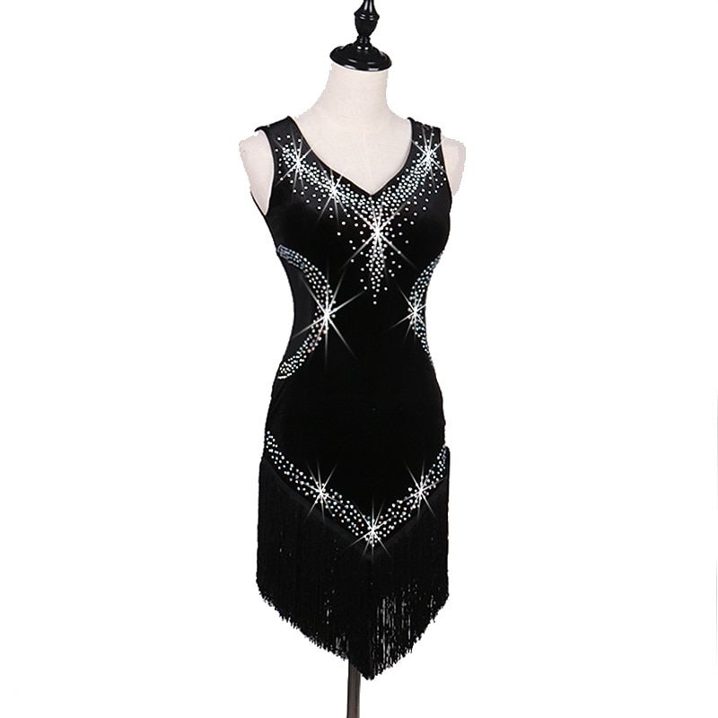 Dance Salsa Latin Dance Dress Fringed Tassel Crystals / Rhinestones Women's Training Performance Sleeveless High Pleuche