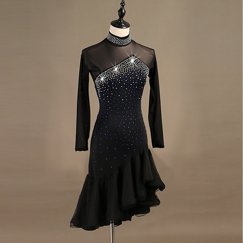 Dance Salsa Latin Dance Dress Crystals / Rhinestones Women's Performance Long Sleeve Spandex