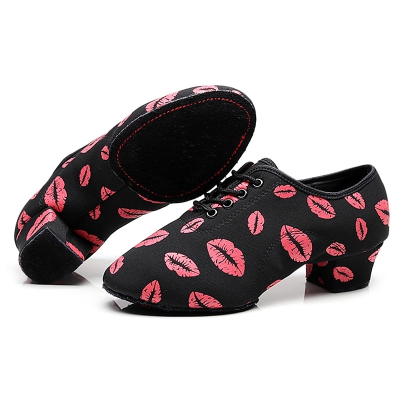 Women's Latin Shoes Practice Trainning Dance Shoes Line Dance Performance Party Practice Lace Up Pattern / Print Oxford Sneaker Pattern / Print Thick Heel Black / Red4