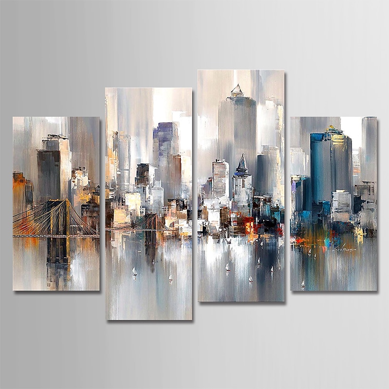 Hand-Painted Canvas Oil Painting Abstract City Landscape For Home Decoration With Frame Ready To Hang With Stretched Frame - Main Image