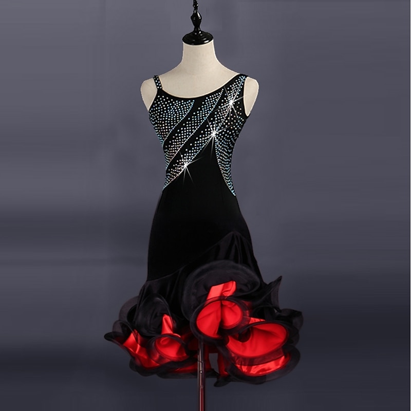 Dance Salsa Latin Dance Dress Split Joint Crystals / Rhinestones Women's Performance Sleeveless Spandex Organza / Ballroom