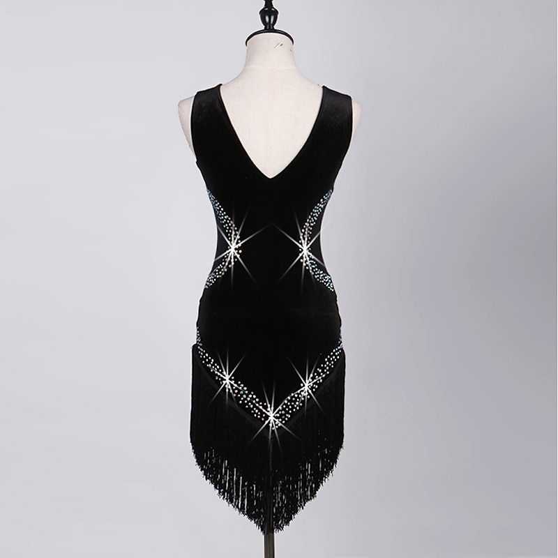 Dance Salsa Latin Dance Dress Fringed Tassel Crystals / Rhinestones Women's Training Performance Sleeveless High Pleuche3