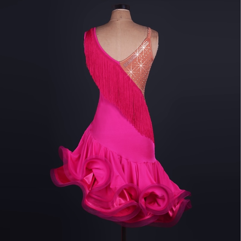 Dance Salsa Latin Dance Dress Fringed Tassel Crystals / Rhinestones Women's Training Performance Sleeveless High Spandex Tulle2