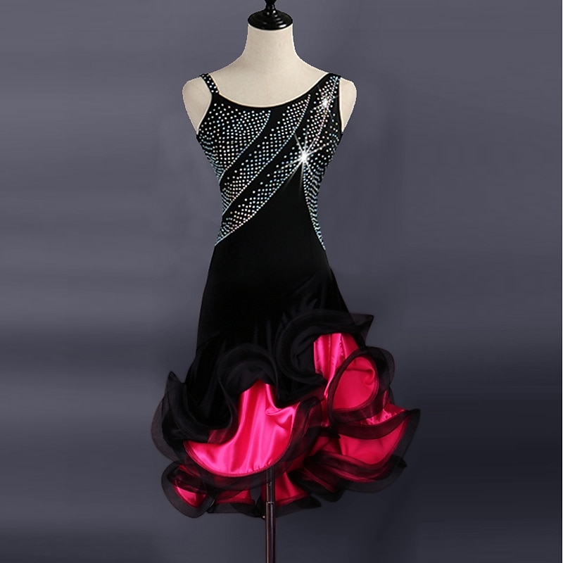 Dance Salsa Latin Dance Dress Split Joint Crystals / Rhinestones Women's Performance Sleeveless Spandex Organza / Ballroom4