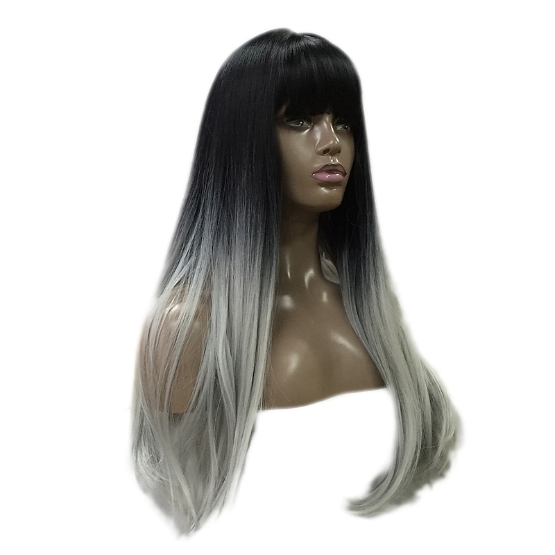 Gray Wigs for Women Synthetic Wig Natural Straight Black / White  24 Inch Ombre Hair Natural Hairline Black Christmas Party Wigs3