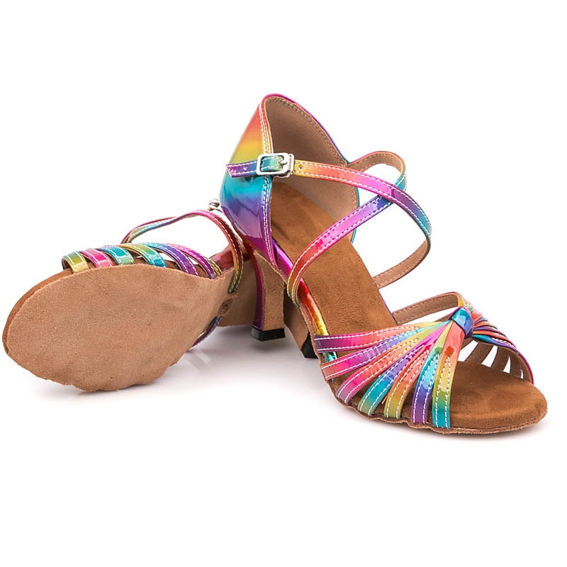 Women's Rainbow Latin Dance Shoes with Strappy Design and Suede Sole - Colorful Ballroom Salsa Heels2