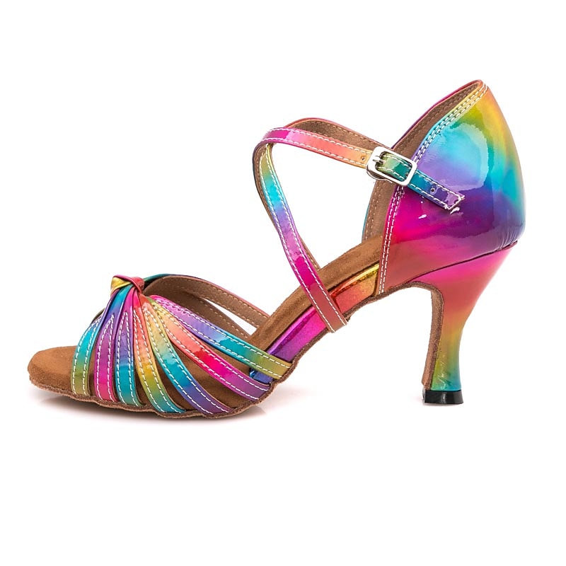 Women's Rainbow Latin Dance Shoes with Strappy Design and Suede Sole - Colorful Ballroom Salsa Heels3