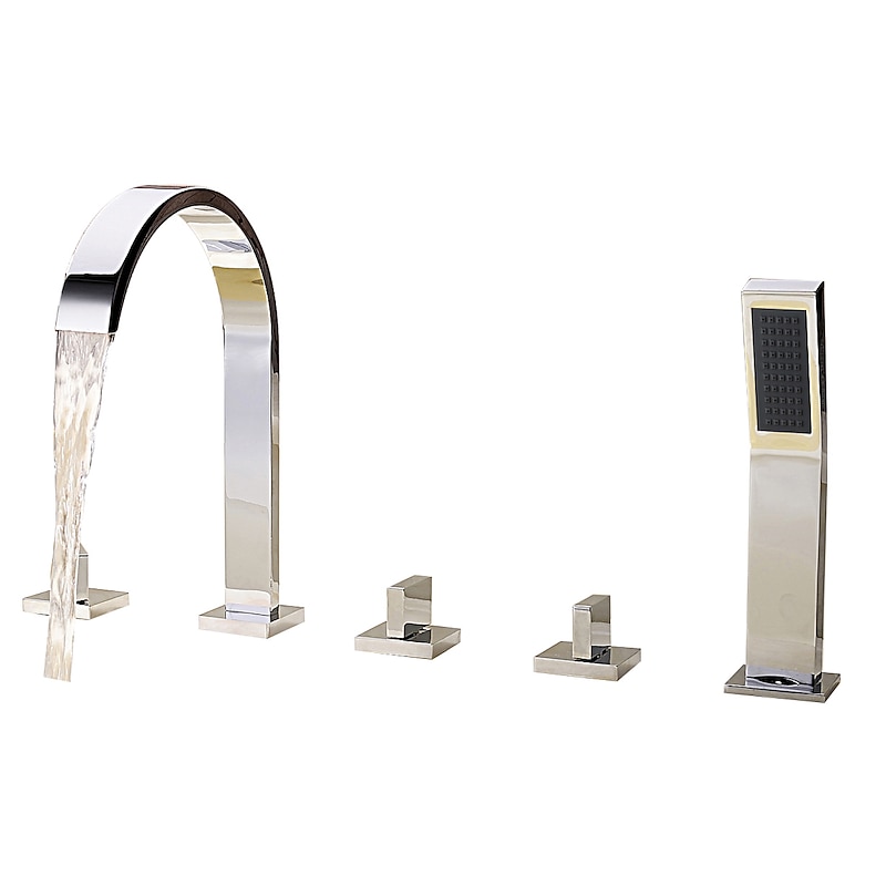 Bathtub Faucet Deck Mounted, Bathroom Faucet Bath Roman Tub Filler Mixer Tap Brass with Handheld, 5 Hole 3 Handle Sprayer with Cold Hot Water Hose3