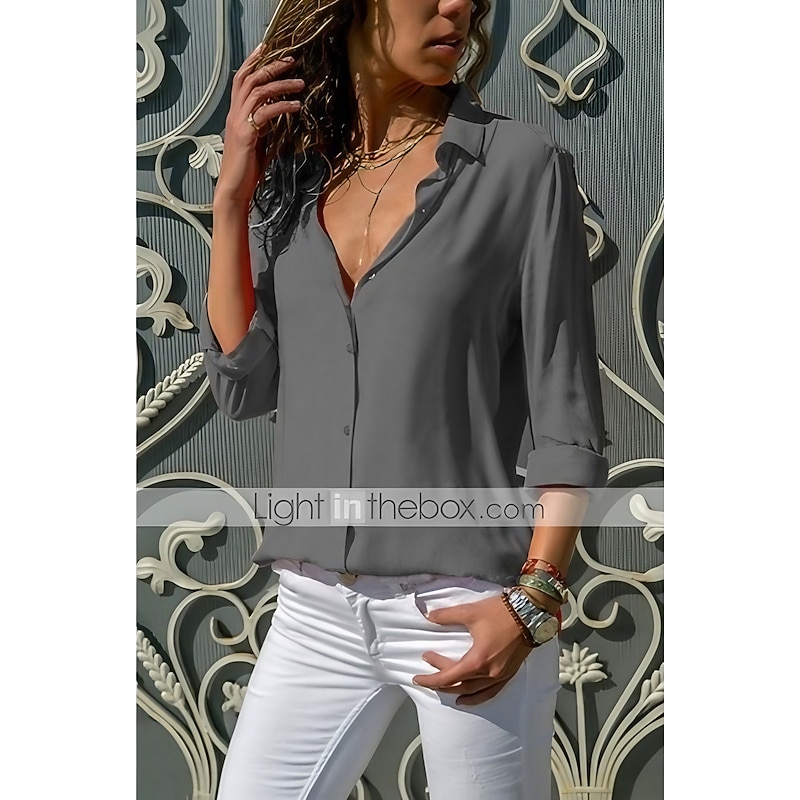 Women's Shirt Blouse Black White Yellow Plain Solid Colored Long Sleeve Work Casual Basic Shirt Collar Regular S