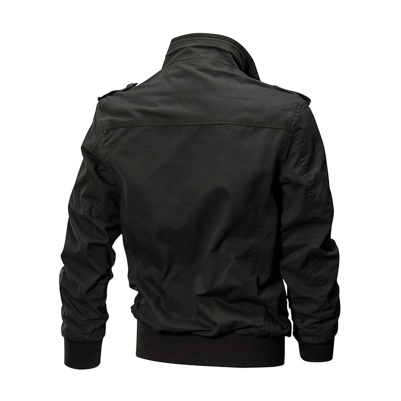 Men's Bomber Jacket Utility Jacket Transition Jacket Varsity Jacket Outdoor Sports Windproof Warm Embroidered Zipper Winter Solid Colored Military Stand Collar Short Cotton Black Army Green Khaki3