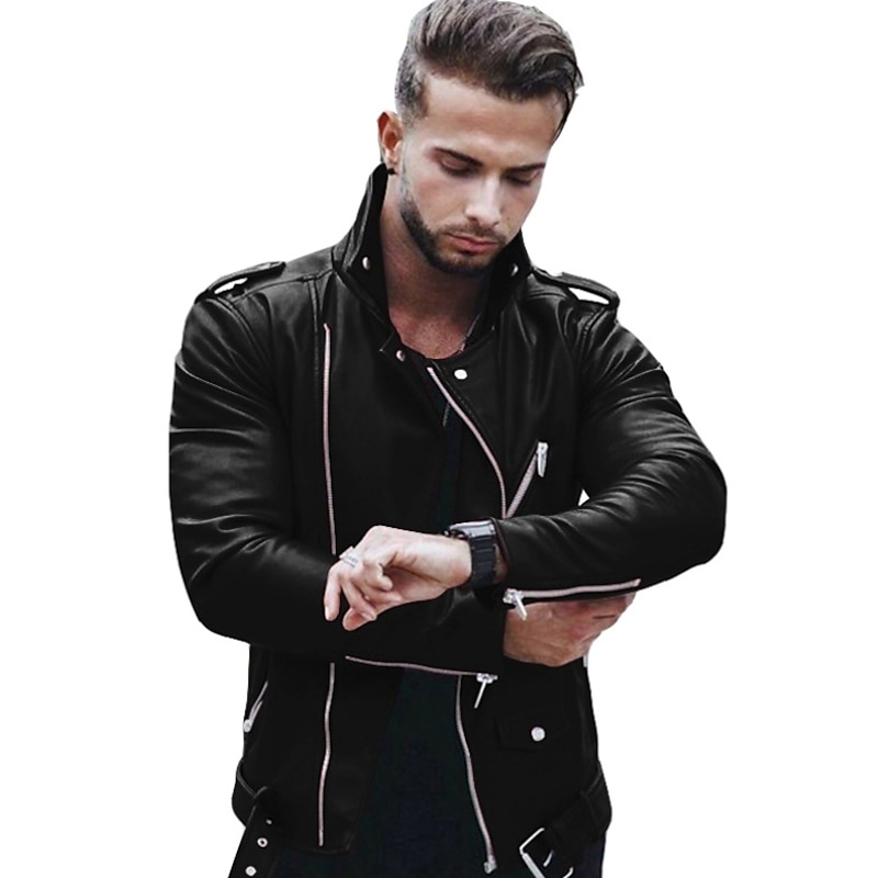 Men's Faux Leather Jacket Biker Jacket Negan Leather Jacket Red Leather Jacket Daily Thermal Warm Rain Waterproof Solid Colored Turndown Regular Regular Fit Black Wine Jacket