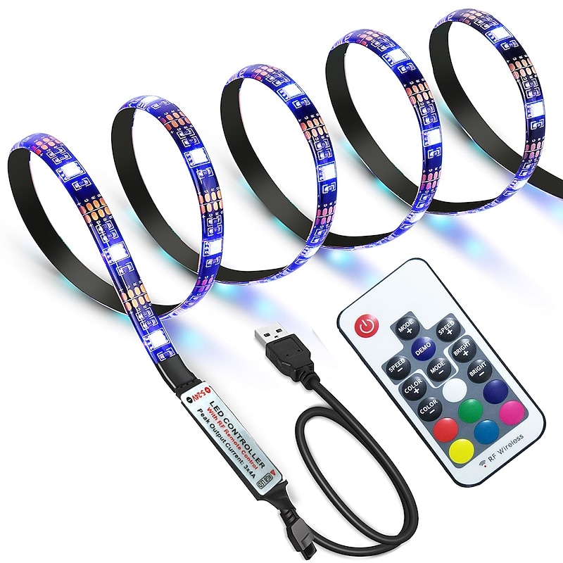 LED Strip Lights Waterproof 1M RGB Tiktok Lights 60 LEDs 5050 SMD 10mm 1M LED LED Strip Lights 17-Key Remote Controller RGB Tiktok Lights TV Background Light IP652