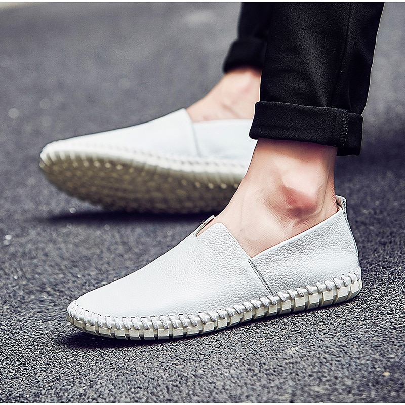Men's White Leather Slip-On Loafers with Detailed Stitching, Comfortable Non-Slip Sole, and Breathable Design | Casual Driving Shoes4