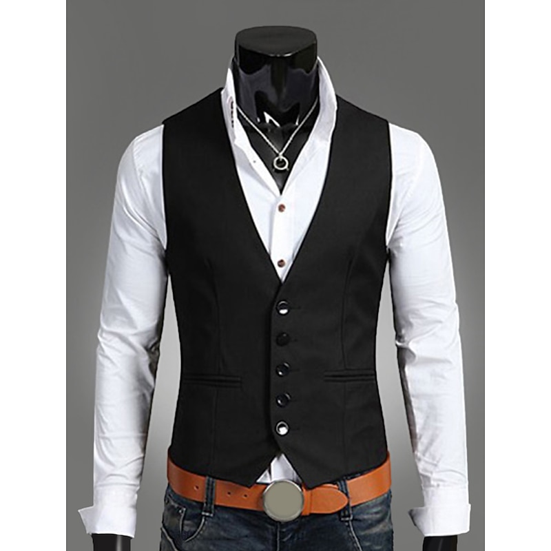 Men's Vest Waistcoat Wedding Work 1920s Smart Casual Polyester Solid Colored Slim Black Navy Blue Brown Vest2