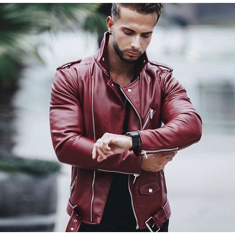 Men's Faux Leather Jacket Biker Jacket Negan Leather Jacket Red Leather Jacket Daily Thermal Warm Rain Waterproof Solid Colored Turndown Regular Regular Fit Black Wine Jacket2