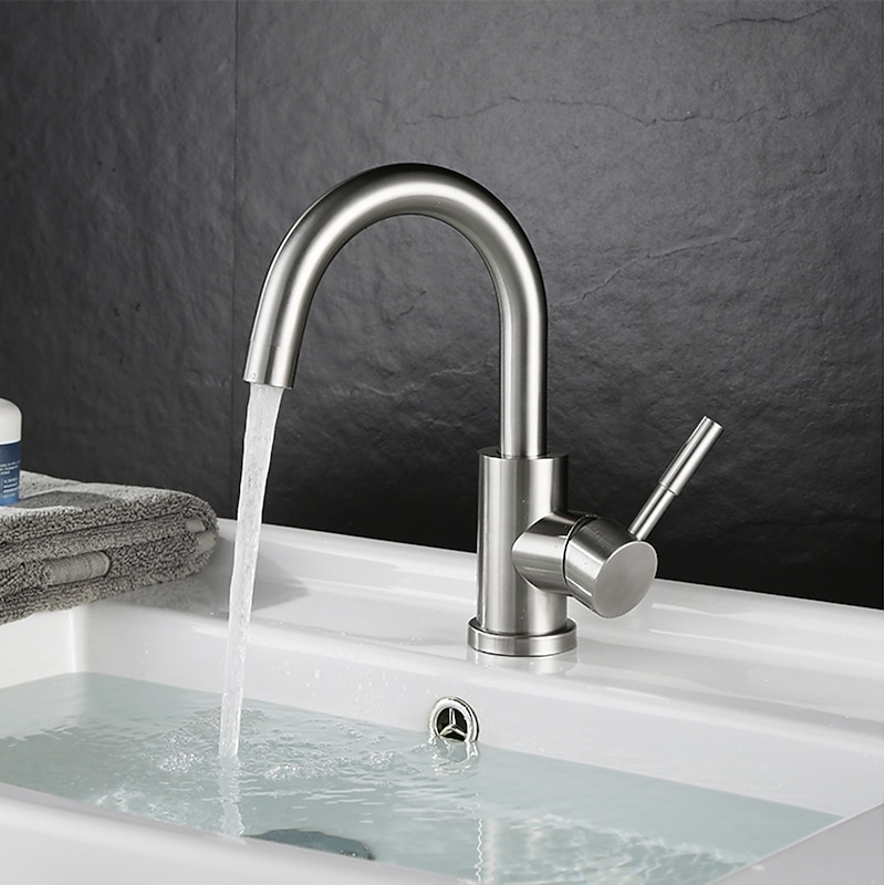 Bathroom Sink Faucet,Single Handle Black Nickel/White Dainted/Brushed Nickel One Hole Standard Spout Stainless Steel Bathroom Sink Faucet with Hot and Cold Water3