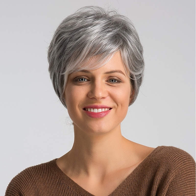 Human Hair Blend Wig Short Natural Straight Pixie Cut Blonde Red Mixed Color Fashionable Design Easy dressing Comfortable Machine Made Women's Dark Wine Black / Grey Beige Blonde / Bleached Blonde 82