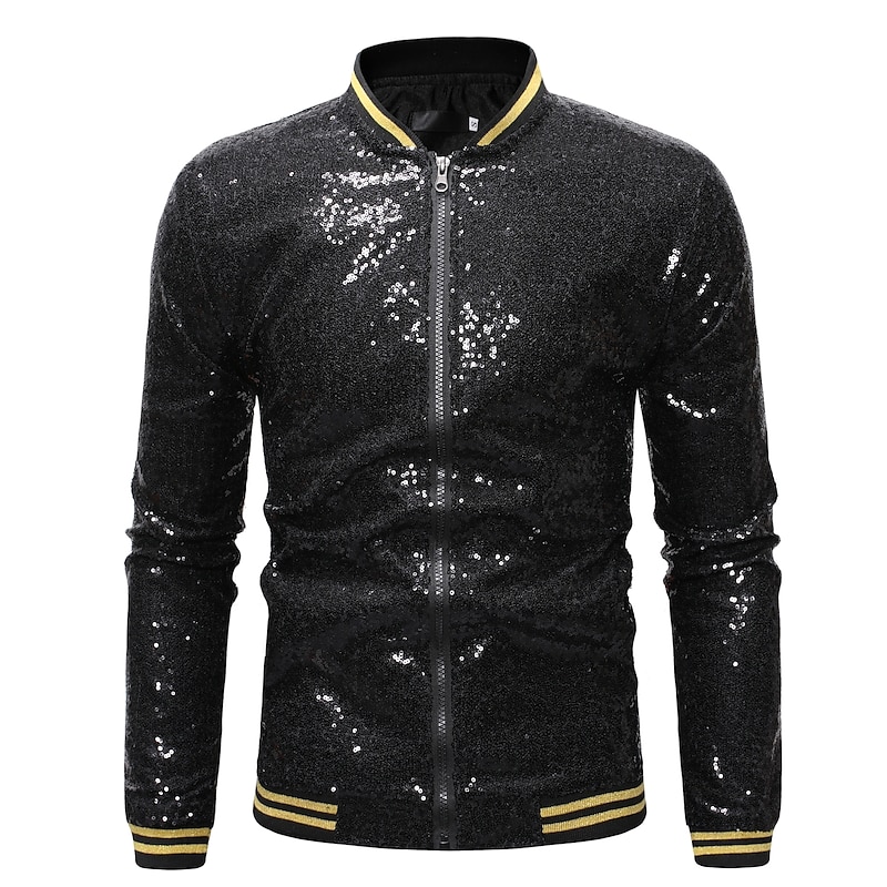 Men's Winter Coat Winter Jacket Transition Jacket Jacket Daily Spring & Summer Fall & Winter Sequin Basic Stand Collar Regular Regular Fit Silver Black Wine Royal Blue Gold Jacket4