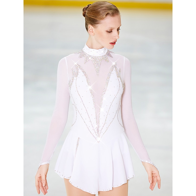Figure Skating Dress Women's Girls' Ice Skating Dress Outfits Light Yellow White Pink Open Back Mesh Spandex High Elasticity Competition Skating Wear Handmade Ice Skating Figure Skating2