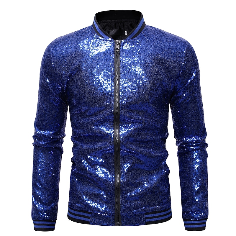 Men's Winter Coat Winter Jacket Transition Jacket Jacket Daily Spring & Summer Fall & Winter Sequin Basic Stand Collar Regular Regular Fit Silver Black Wine Royal Blue Gold Jacket3