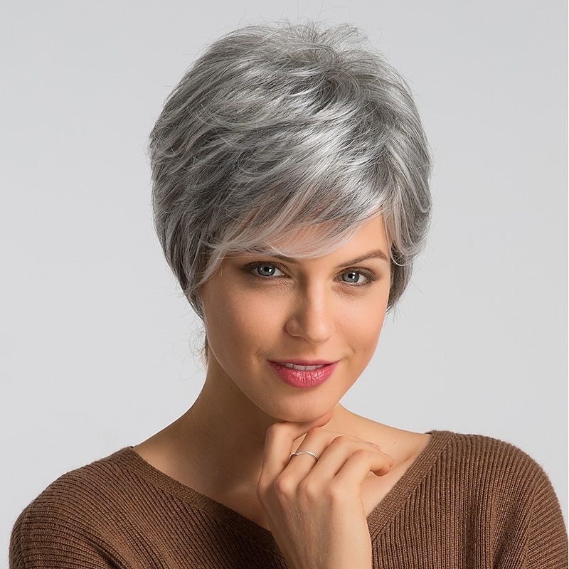 Human Hair Blend Wig Short Natural Straight Pixie Cut Blonde Red Mixed Color Fashionable Design Easy dressing Comfortable Machine Made Women's Dark Wine Black / Grey Beige Blonde / Bleached Blonde 84