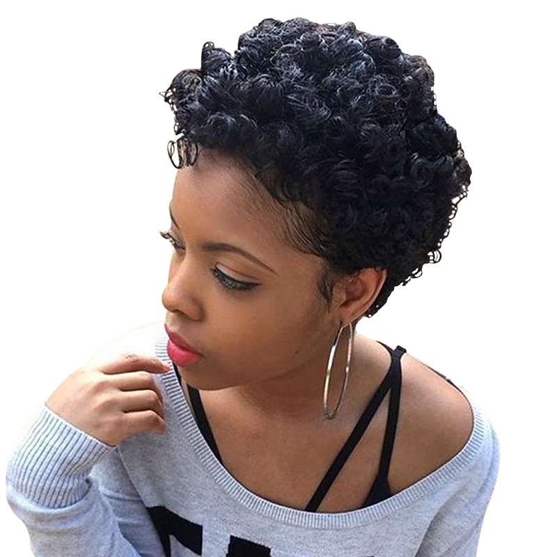 Human Hair Blend Wig Afro Curly Pixie Cut Machine Made Natural Black #1B Medium Brown Dark Wine Daily3