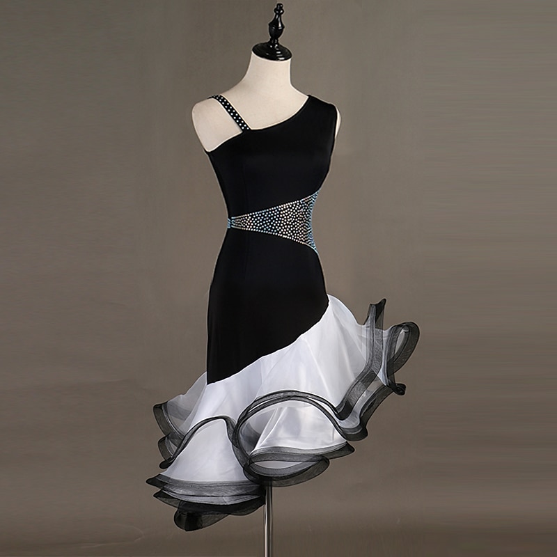 Dance Salsa Latin Dance Dress Crystals / Rhinestones Women's Training Performance Sleeveless High Spandex Tulle3