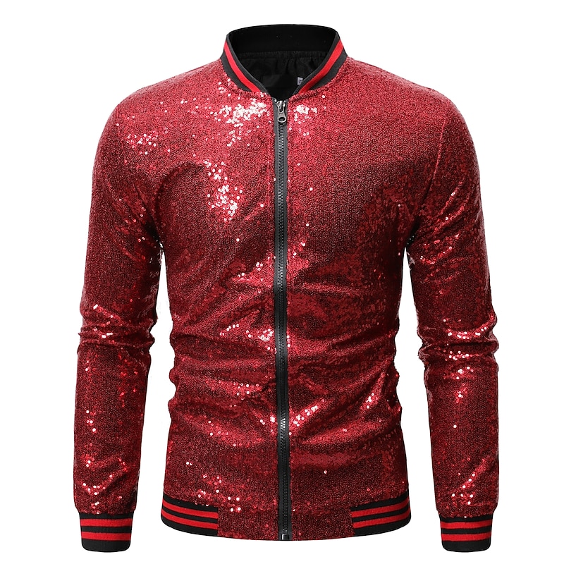 Men's Winter Coat Winter Jacket Transition Jacket Jacket Daily Spring & Summer Fall & Winter Sequin Basic Stand Collar Regular Regular Fit Silver Black Wine Royal Blue Gold Jacket