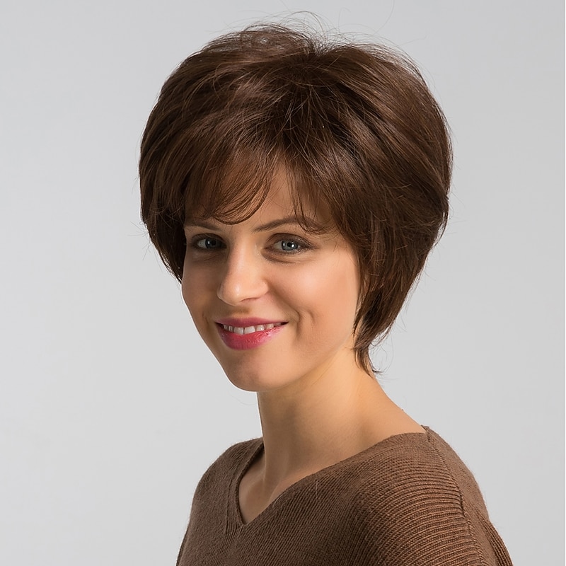 Human Hair Blend Wig Short Natural Straight Bob Brown Fashionable Design Easy dressing Comfortable Capless Women's Medium Auburn#30 Jet Black #1 Brown 8 inch3