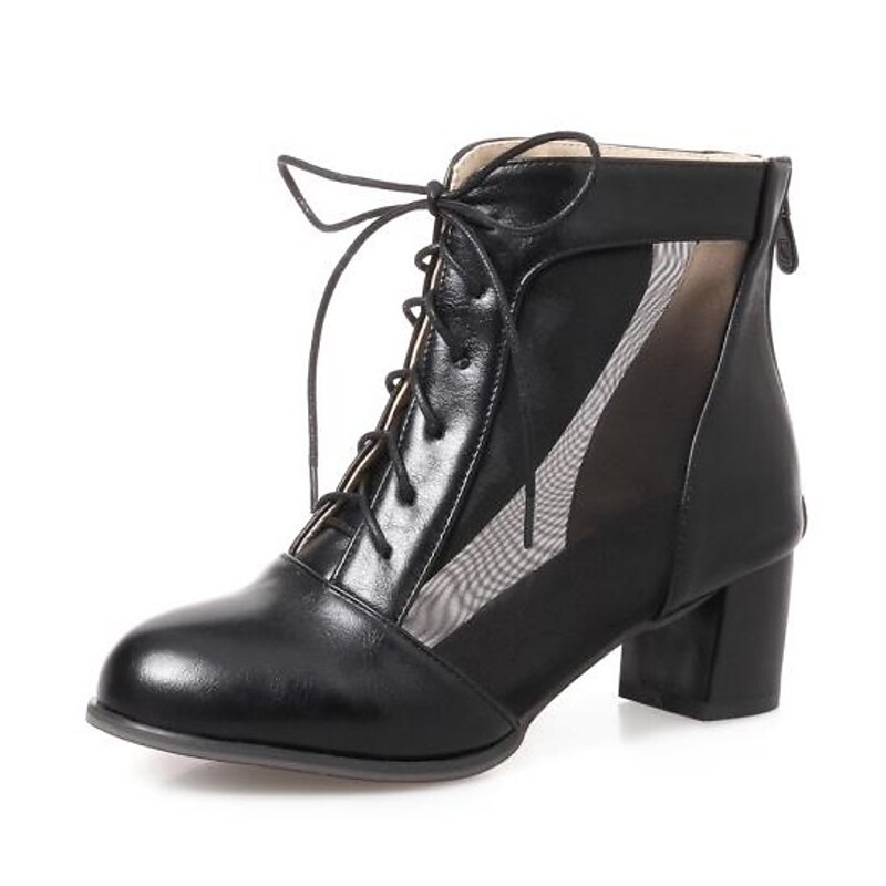 Women's White Mesh Panel Lace-Up Ankle Boots with Block Heel, Breathable Fashion Short Boots for Spring and Summer Casual or Party Wear4