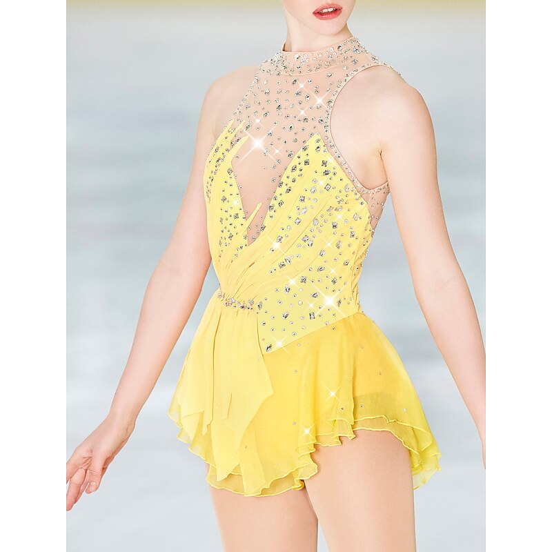 Figure Skating Dress Women's Girls' Ice Skating Dress Outfits Black White Yellow Open Back Mesh Spandex High Elasticity Professional Competition Skating Wear Crystal / Rhinestone Sleeveless Ice3