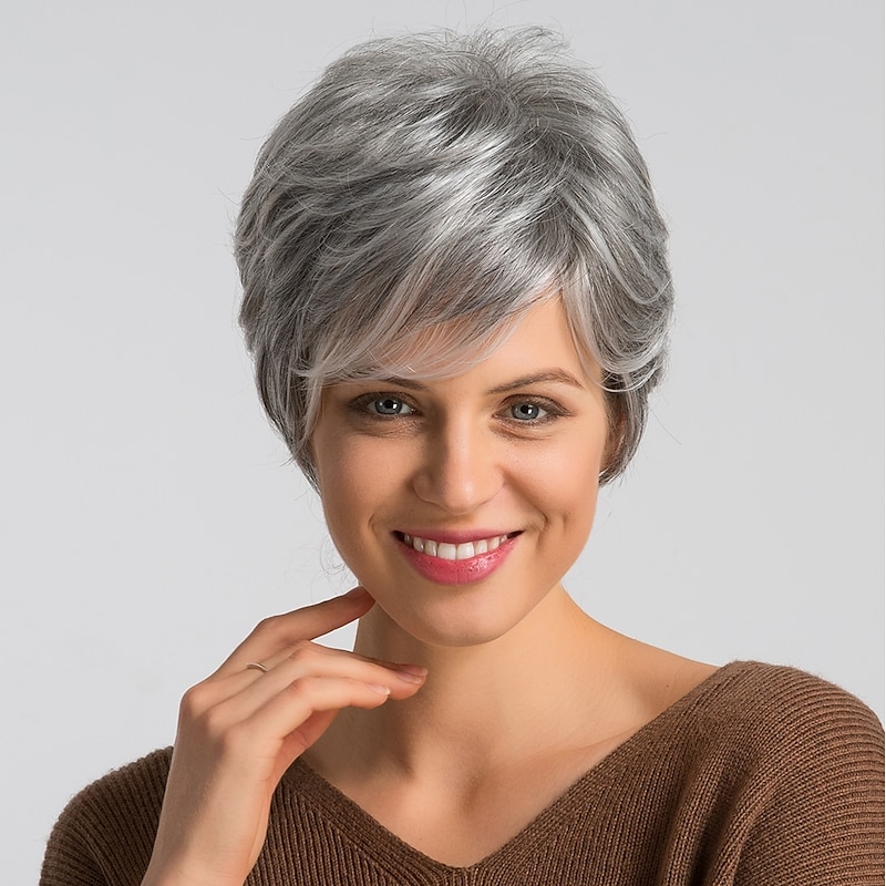Human Hair Blend Wig Short Natural Straight Pixie Cut Blonde Red Mixed Color Fashionable Design Easy dressing Comfortable Machine Made Women's Dark Wine Black / Grey Beige Blonde / Bleached Blonde 8
