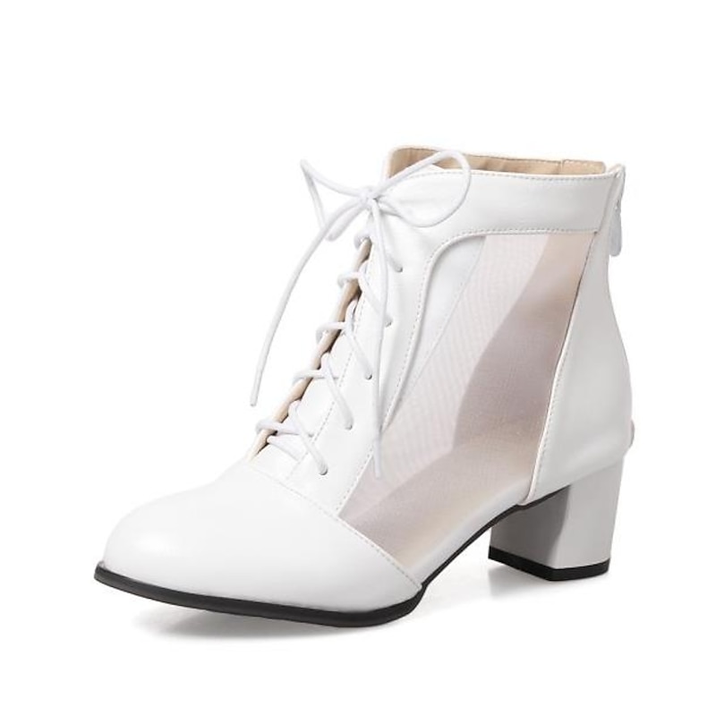 Women's White Mesh Panel Lace-Up Ankle Boots with Block Heel, Breathable Fashion Short Boots for Spring and Summer Casual or Party Wear2