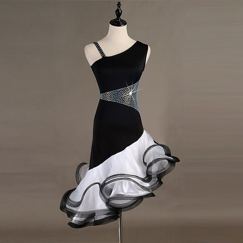 Dance Salsa Latin Dance Dress Crystals / Rhinestones Women's Training Performance Sleeveless High Spandex Tulle2